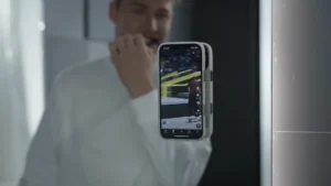 Magnetic phone ring grip unfolded as a 360 degree stand holding a smartphone at an adjustable viewing angle
