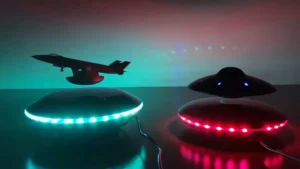 Bluetooth speaker floating in mid-air using magnetic levitation above a glowing LED base