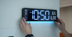 Large LED digital clock displaying time, date, and room temperature on a bedroom nightstand with automatic brightness adjustment