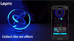 AI-powered smart LED desk lamp glowing in warm amber light synchronized with music on a home office desk