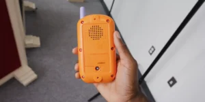  VTech Bluey phone rear view showing single speaker grill and removable battery cover