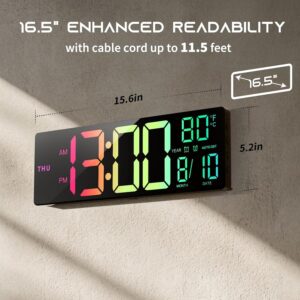 Large Digital Wall Clock with BT Sync, RGB Lights with 11 Scenes Mode Remote Control, Dual Alarms with Big LED Display, Auto DST, Temperature for Classroom Gaming