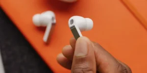 Galaxy Buds 4 Pro square stem and brushed metal back close-up view